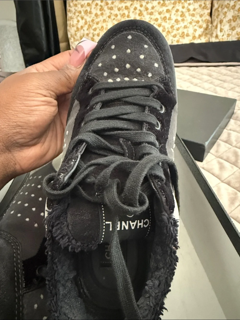 CHANEL Black and Gray Suede-Accent Kids Sneakers
